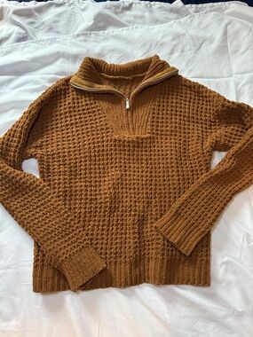 Women's Waffle-Knit Half-Zip Turtleneck Sweater in Rust Brown